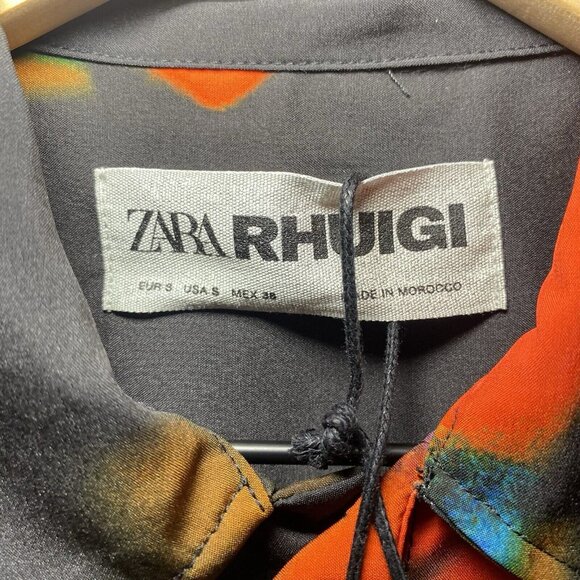ZARA x RHUIGI Button Down Sm Short Sleeve Red Tie Dye Shirt Water Color New Tags - Picture 4 of 7